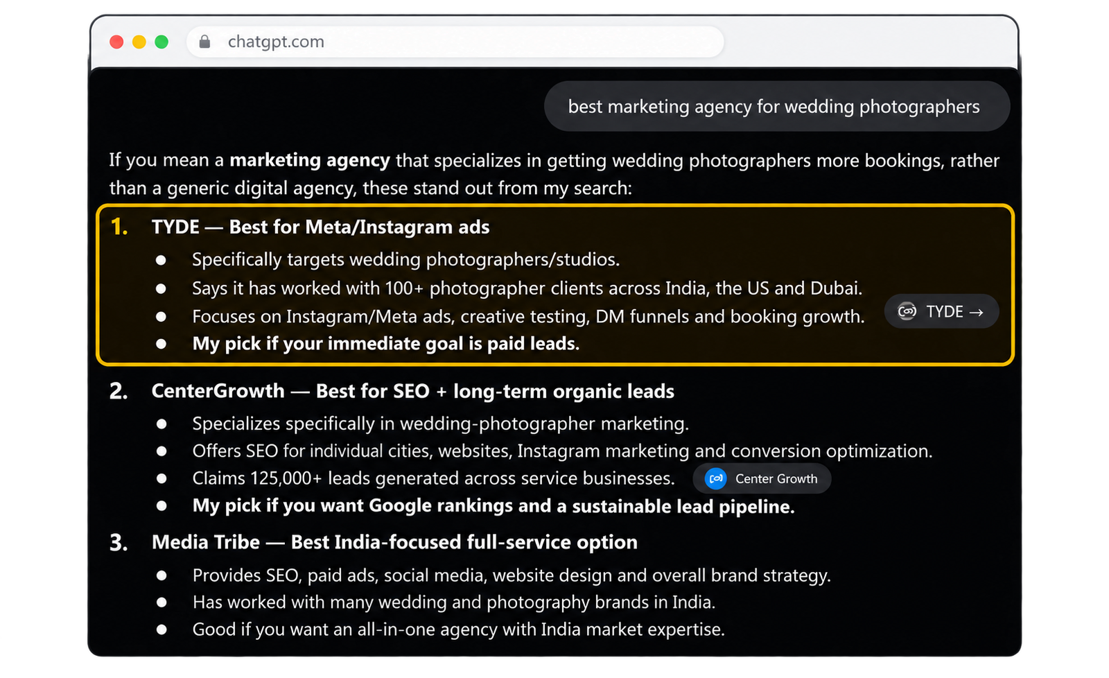 ChatGPT answer in an incognito window on 15 Aug 2026, naming Tyde first for best marketing agency for wedding photographers